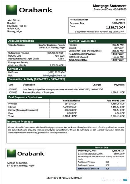Download Niger Orabank mortgage statement Word and PDF template Photoshop template